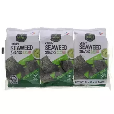 Cj Bibigo Crispy Seaweed Snack Wasabi Flavour Pack of 3- 15g (5g X 3 Packs)