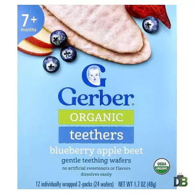 Gerber, Organic Teethers, Gentle Teething Wafers, 7+ Months, Blueberry Apple Beet, 12 Individually Wrapped 2-Packs, 24 Wafers- 48g (1.7 OZ)