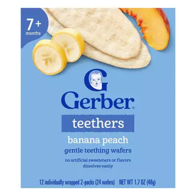 Gerber Teethers, Gentle Teething Wafers, 7+ Months, Banana Peach, 12 Individually Wrapped 2-Packs, 24 Wafers- 48g (1.7 OZ)
