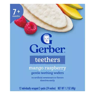 Gerber Teethers, Gentle Teething Wafers, 7+ Months, Mango Raspberry, 12 Individually Wrapped 2-Packs, 24 Wafers- 48g (1.7 OZ)