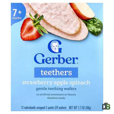 Gerber Teethers, Gentle Teething Wafers, 7+ Months, Strawberry Apple Spinach, 12 Individually Wrapped 2-Packs, 24 Wafers- 48g (1.7 OZ)