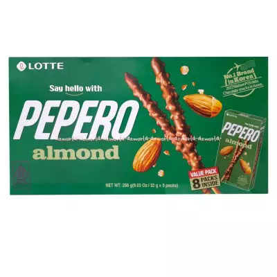 Lotte Pepero Chocolate Biscuit Sticks Almond Big Pack- 256g (9.03 Oz / 32g X 8 Packs)